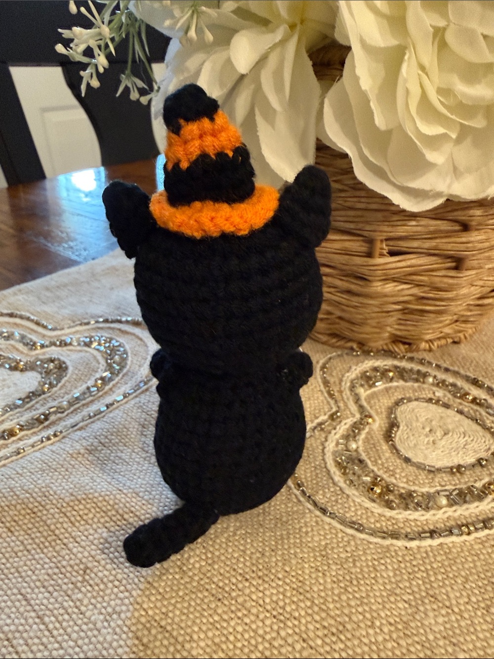 Black Halloween Kitty Plush with Orange Witch Hat - Picture 3 of 5